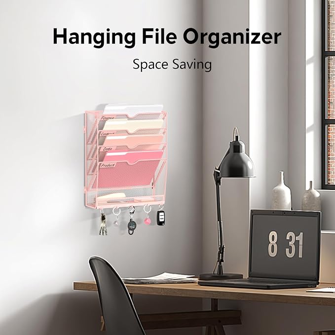 5 Tier Wall File Organizer - Hanging File Organizer with 5 Hooks, Mail Holder Wall Mounted for Papers, Folders, Magazines, Bills, Office&School Organization, Pink
