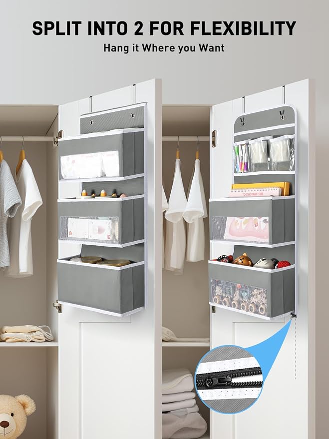 Yecaye 6-Tier Over the Door Storage Organizer, Flexible 1 Split into 2 Swing-proof Hanging Bathroom Storage Organization, Bedroom Organizer and Storage for Newborn Baby Essentials, Grey