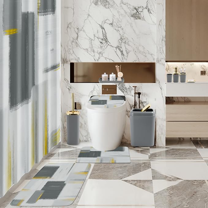 XLHOMO Bathroom Set - Grey and Gold Bathroom Accessories Set, Bathroom Sets with Shower Curtain and Rugs, Grey Shower Curtain Set with Bathroom Trash Can, Soap Dispenser, Soap Dish for Home Decor