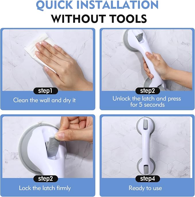 Grab Bars for Bathtubs and Showers, 12 Inch Shower Handle Strong Suction Cup Grab Bar for Shower Chair Stool, Bathroom Safety Bar for Seniors, Elderly, Handicap (2 Pack)