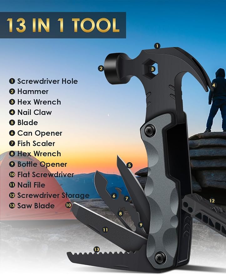 Fathers Day Dad Gifts from Daughter Son Wife, 13 in 1 Hammer Multitool, Cool Camping Accessories Survival Tools, Unique Birthday Present Ideas Gifts for Men, Husband, Grandpa, Step Dad, Him