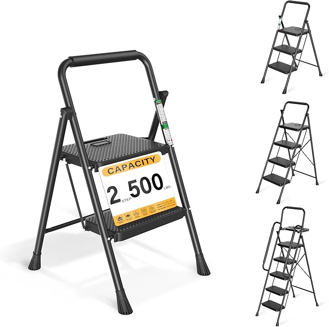 Arbusb Step Ladder, Folding Step Stool with Wide Anti-Slip Pedals, Sturdy Steel Ladder with Handrail, Space-Saving, Portable for Home & Adults, 2 Step Ladder