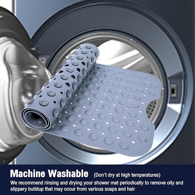 Extra Long Gray Bathtub Mat Non Slip, Soft Bath Mat for Tub 40 x 16 Inch Full Size, Bath Tub Shower Mats for Bathroom Floor with Big Suction Cups and Drain Holes, Easy Washable, BPA Free