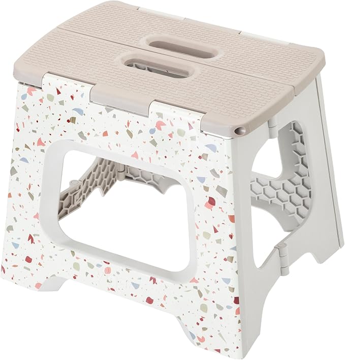 Vigar Compact Folding Step Stool - 12-1/2 Inch Foldable Step Stool for Adults, Lightweight Portable Stool with Handle, Non Slip Step Stool, Space-Saving Stool up to 330 lb - Grey, Terrazo Pattern