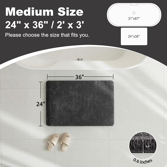 TYUU Bathroom Rugs Non Slip Washable, Ultra Soft Super Absorbent Quick Dry Small Bath Mat with Rubber Backing for Bathroom Floor, Shower, or Sink, Dark Grey 24" x 36"