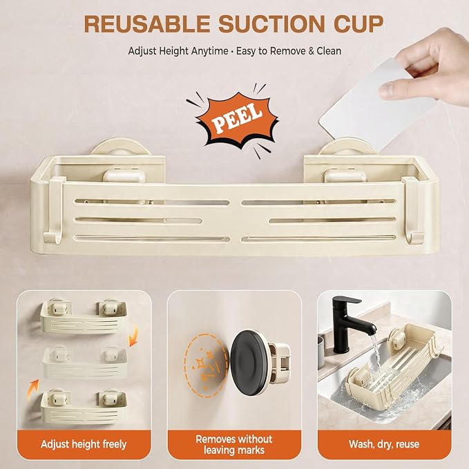 Lekesky Suction Cup Shower Caddy, No Drill Shower Shelf, Aluminum Rust Proof Bathroom Shower Organizer with 12 Hooks, （2-Pack, Cream）