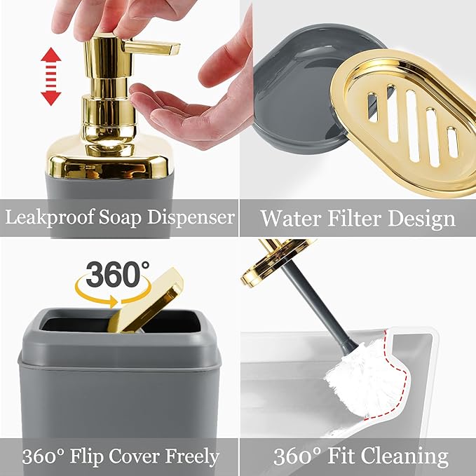 XLHOMO Bathroom Set - Grey and Gold Bathroom Accessories Set, Bathroom Sets with Shower Curtain and Rugs, Grey Shower Curtain Set with Bathroom Trash Can, Soap Dispenser, Soap Dish for Home Decor