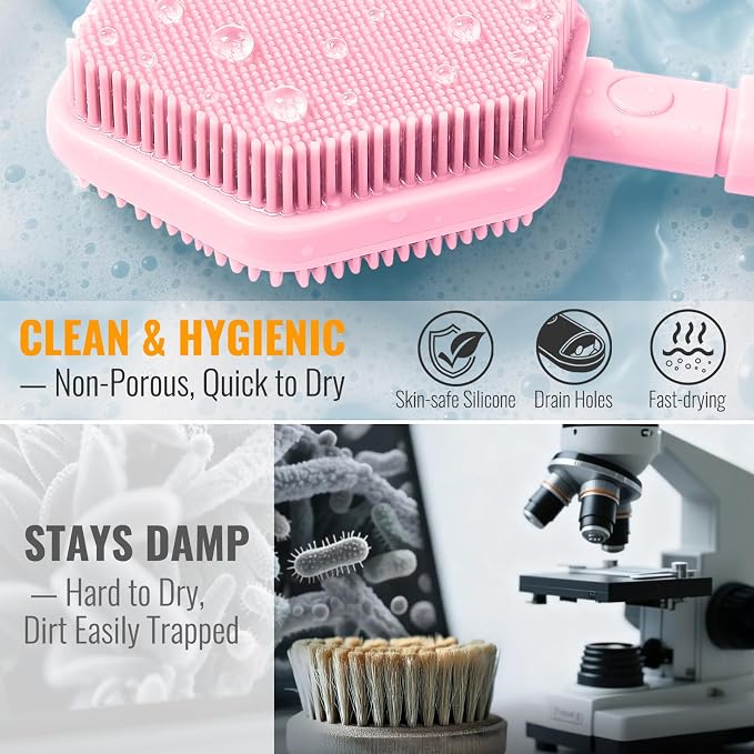 AIMAIAIMAI Silicone Back Scrubber for Shower – 21in Extendable Shower Brush with Long Handle – Dual-Sided Back Brush with Non-Slip Grip, Gentle Cleansing & Exfoliation for Men, Women, Elderly (Pink)