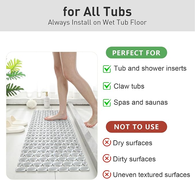 XIYUNTE Shower Mat Non Slip Bathtub Mat - 36 x 16Inches Soft Rubber Bath Mat for Tub Non Slip Bath Mat with Suction Cups and Drain Holes, Easy to Clean, Easy to Cut, Eco-Friendly, Grey