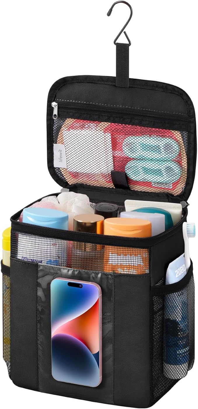 Lifewit Mesh Shower Caddy Bag Portable, Quick Dry Hanging Bathroom Organizer with PVC Phone Bag, College Dorm Room Essentials for Travel, Gym, Camping, Toiletry Tote for Women Men, Medium, Black