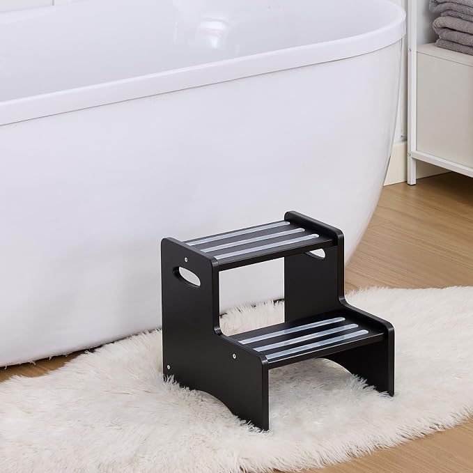 Wooden Toddler Step Stool for Kids, Two Step Stool with Non-Slip Pads & Handles, Potty Training Stool for Bathroom Sink, Toilet, Kitchen, Bedroom (Black)