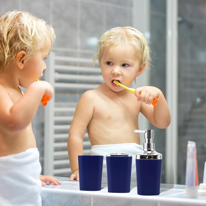 XLHOMO Blue Bathroom Accessories Set, Bathroom Sets with Shower Curtain, Navy Blue Bathroom Accessories with Trash Can, Soap Dispenser, Soap Dish, Toilet Brush Holder, Qtip Holders for Bathroom