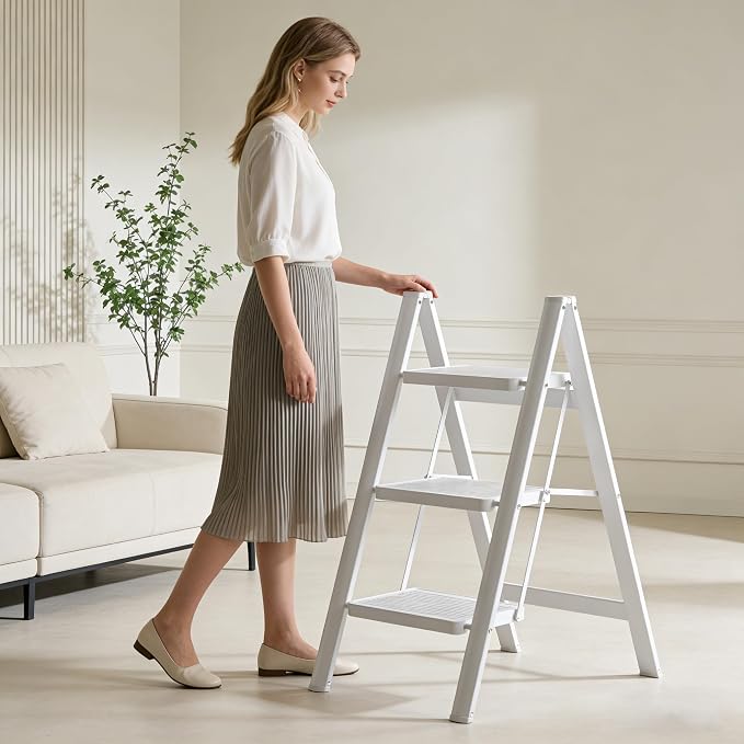 White Step Ladder White 3 Step Folding, Sturdy 330 Lbs Small Step Stool for Adults, Closet Step Stool Ladder with Anti-Slip Wide Pedals, Portable Folding Ladder for Home Kitchen Office