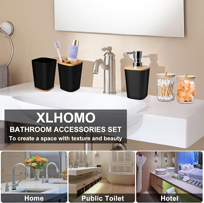 XLHOMO Bathroom Set Black Bathroom Trash Can, 9 Piece Bathroom Decor Toothbrush Holder, Cup, Lotion Dispenser, Tray, Soap Dish, Toilet Brush, Qtip Holder