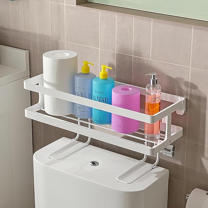 PowerKing Over The Toilet Storage Shelf, Bathroom Organizer Rack with 2 Hooks, No-Drill, Rust-Resistant Steel, Toilet Paper Holder for Restroom Bathroom, White