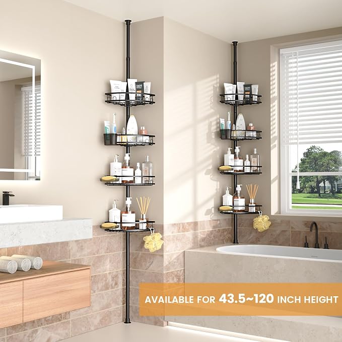 Tension Pole Shower Caddy Corner: Adjustable 4-Tier Bathroom Organizer Shelves - Rustproof Bathtub Shampoo Rack, No-Drill Standing Shower Caddy for Renters, Apartment & Family Bathroom 31-124 inch