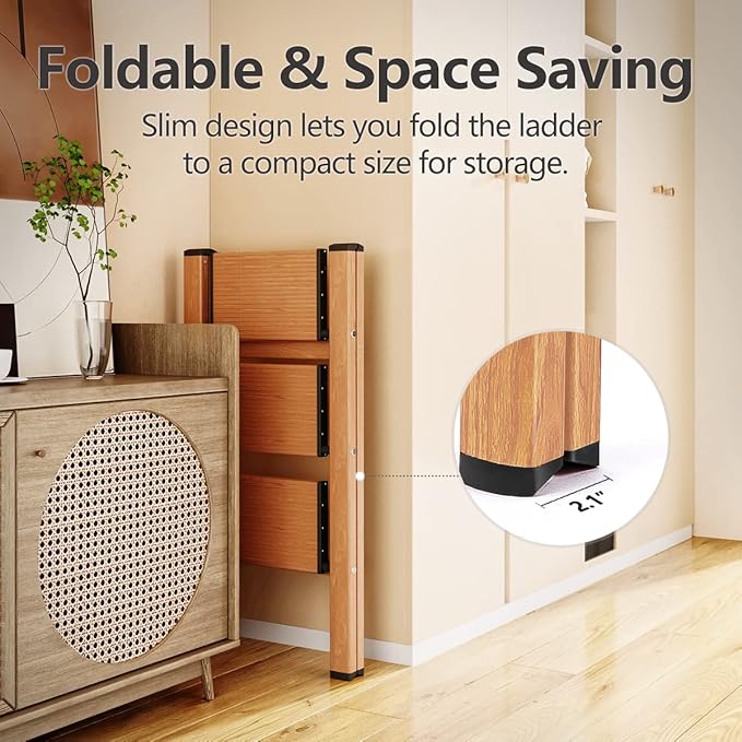 SOLADDER 3 Step Ladder, Folding Aluminum 3 Step Stool with Anti-Slip Wide Sturdy Pedal, Multi-Use for Home and Kitchen, Space Saving-Woodgrain(300 lbs Capacity)