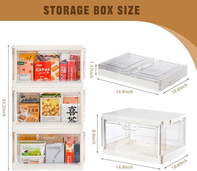 Freebat Stackable Plastic Storage Bins with Lids, Foldable Closet Organizers and Storage, 3 Drawer Storage Organizer，Clear Stackable Containers for Wardrobe,Bedroom,Office,Dorm