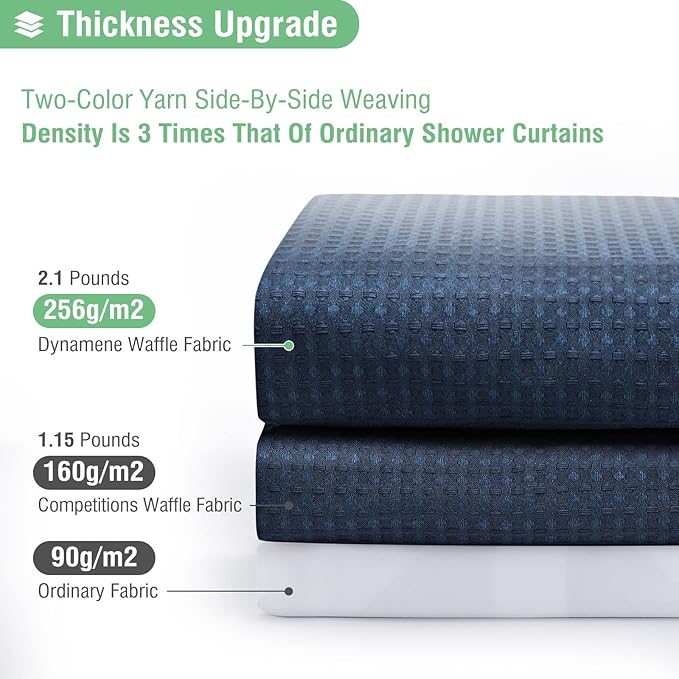 Dynamene Extra Wide Shower Curtain - 180 Inch Wide Waffle Weighted Thick Cloth Bathroom Shower Curtain, Neutral Heavy Duty Hotel Shower Curtain Set with 32 Plastic Hooks,180x72, Navy Blue