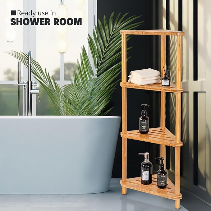 GUGIGP 4-Tier Corner Shower Caddy Stand Bamboo,Standing Corner Shower Shelf,Shower Organizer,Shower Storage Shlves,Waterproof & Durable,Space-Saving Design for Bathroom Kitchen or Living Room