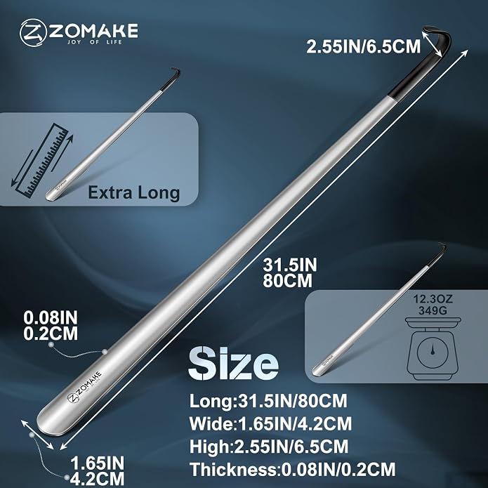 ZOMAKE Shoe Horn Long Handle for Seniors Men Women,Metal Long Shoehorn Boot Horn,16.5" Stainless Steel Shoe Spoon Helper