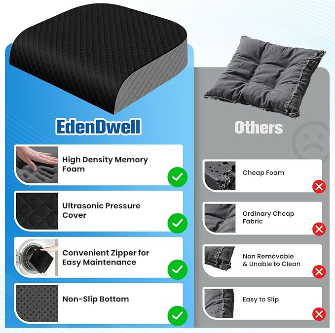 Seat Cushion, Memory Foam Chair Pad for Sciatica & Hip Pain Relief, Non-Slip Cushion for Office, Home, Car, Large Desk Chair Cushion, Washable Cover & Handle, Large, Black