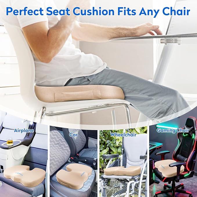 CushZone Seat Cushion, Office Chair Cushions, Car Seat Cushion, Non-Slip Sciatica & Back Coccyx Tailbone Pain Relief Chair Pad, Memory Foam (Large,Khaki)