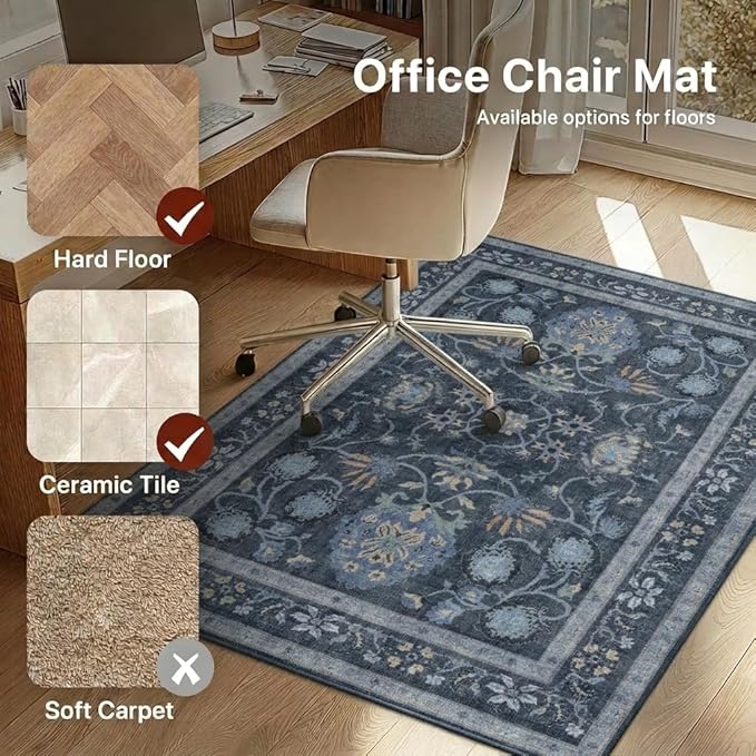 48"x72" Office Chair Mat for Hardwood Tile Floor, Under Desk Carpet Protector for Rolling Computer Chair Mat, Machine Washable Area Rug, Anti-Slip 1/5" Thick Low Pile Thin Vinyl Floor Mat, Grey Blue