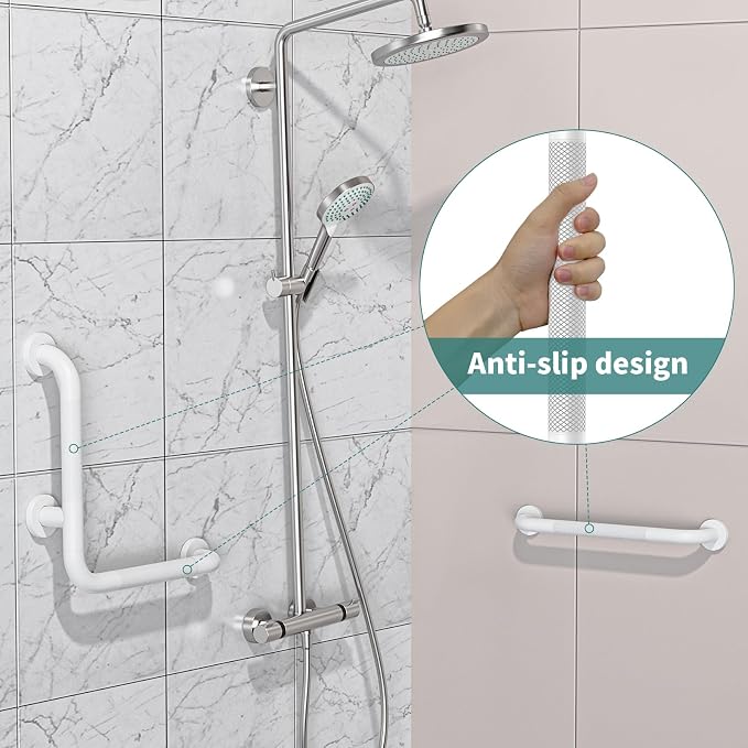 Angled Grab Bar 16x16 Inch White, Knurled L-Shaped Shower Grab Bar w/16 Inch Straight Bathtub Toilet Safety Handrail Wall Mounted, Anti Slip Balance Support Bar for Seniors Elderly Injury Handicap