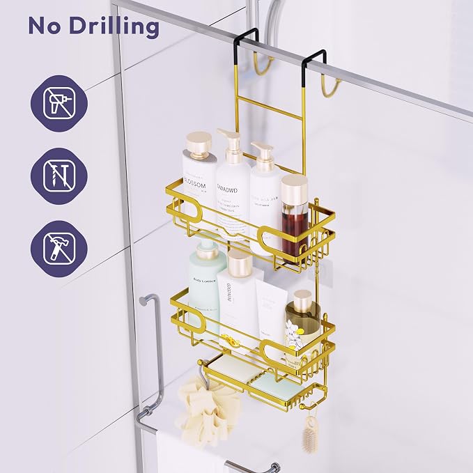 SWTYMIKI Over the Door Shower Caddy Hanging with Double Soap Holder, Hanging Shower Organizer with 16 Hooks, No Drilling Shower Shelves Over Door, Bathroom Rack and Storage, Gold
