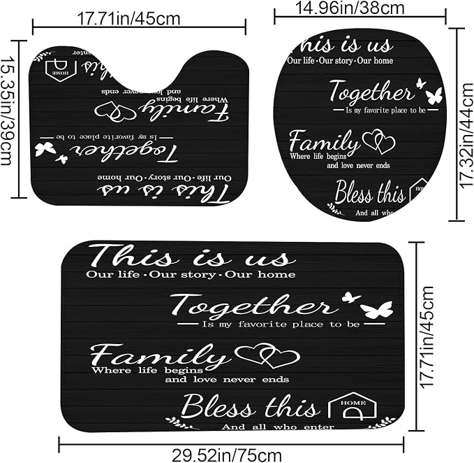 4Pcs Family Shower Curtain Sets with Non-Slip Rugs, Toilet Lid Cover and Bath Mat, Black Home Bathroom Decor Set Accessories Waterproof Shower Curtains with 12 Hooks, 72 x 72 Inch