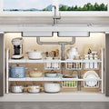 Under Sink Organizer，2 Tier Expandable Heavy Duty Metal Shelf，with 5 Removable Panels and 5 Storage Basket for Under Kitchen Bathroom Sink Organizers and Storage (White, X-Large)