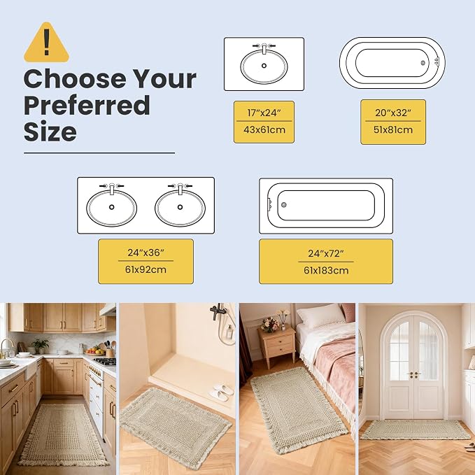 Waffle Bath Mat - Non Slip Bathroom Rugs - Washable Super Absorbent & Quick Dry Bath Mats with Tassels for Hallway Bedroom Laundry Room,24" x 36",Brown