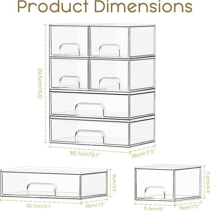 Criusia Stackable Storage Drawers, 6 Pack Clear Plastic Makeup & Bathroom Organizer, Versatile Storage Bins for Vanity, Under Sink, Kitchen Cabinets & Pantry