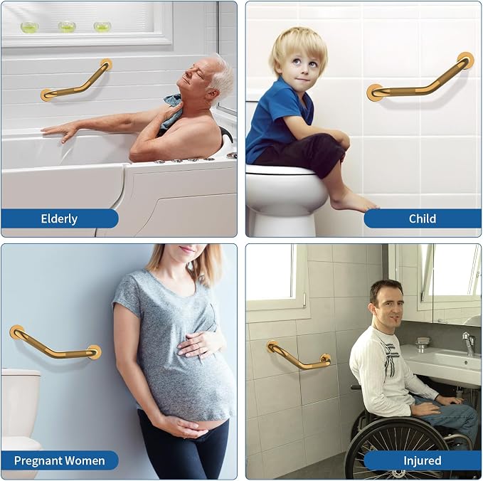 16 Inch Munzong Shower Grab Bars for Seniors, Gold Angled Anti Slip Grab Bars for Bathtubs and Showers Safety Hand Rail Support Handicap Elderly Injury Senior Assist Bath Handle