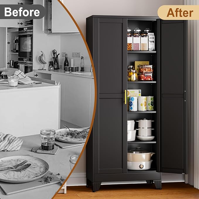71" Black Metal Garage Storage Cabinet with 2 Doors and 4 Adjustable Shelves,Kitchen Pantry Cabinet,File Cabinet,Steel Tool Cabinet for Home,Office,Garage,School,Warehouse