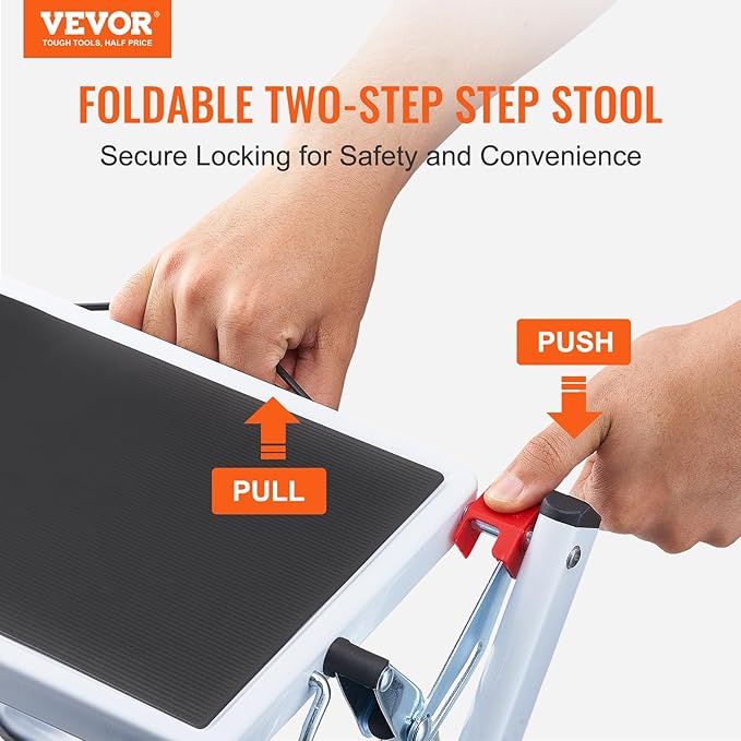 VEVOR Step Ladder 2-Step 330lbs Capacity, Ergonomic Folding Steel Step Stool with Wide Anti-Slip Pedal, Sturdy Step Stool for Adults Toddlers, Multi-Use for Household, Kitchen, Office, RVs