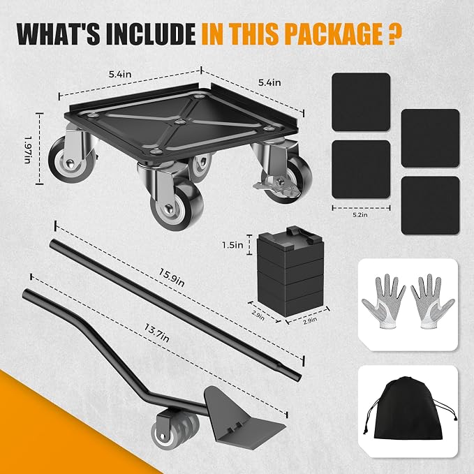 LOYAL TIGER 1500LBS Heavy Duty Furniture Dolly Movers Set with Lifter, 5-Wheel Carbon Steel Moving Rollers with Locking Casters for Refrigerator, Washer, Sofa & Cabinet(5.4 Inch, Black)