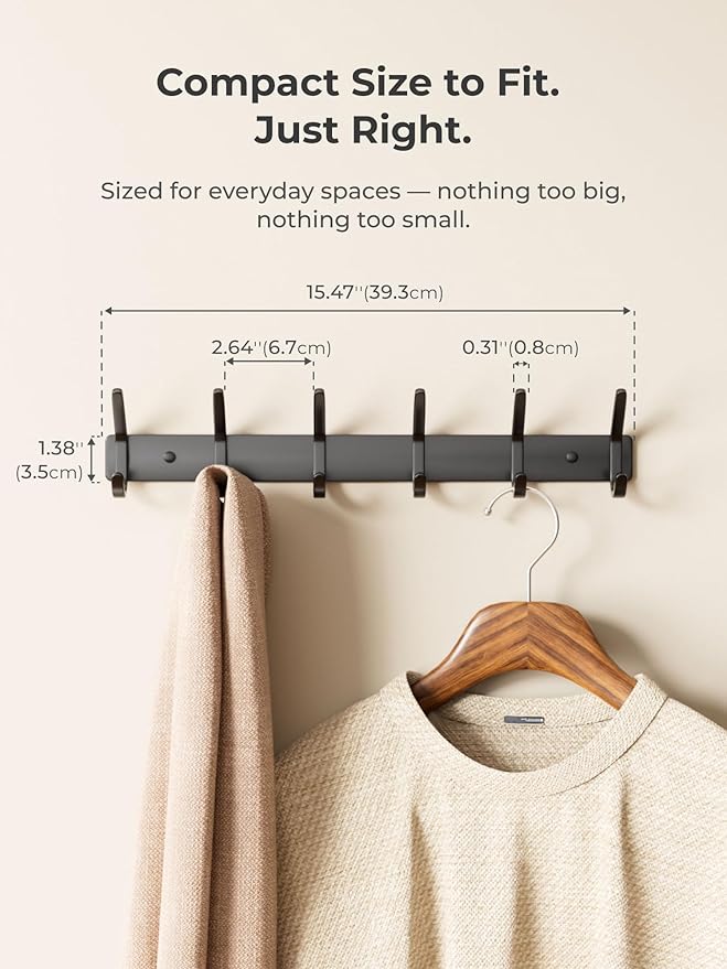 GWAAZXGZ Coat Rack Wall Mount Hooks - 15 Inch Matte Black Metal 6-Hook Organizer Wall Mounted, Modern Kids Room, Entryway & Bathroom Hanger for Beach Towels, Coats, Purses, Bags (1 Pack)