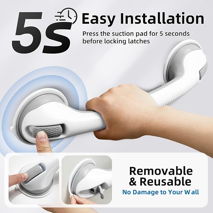 Grab Bars for Bathtubs and Showers, Zynuhmo 2 Pack 16 Inch Suction Safety Grab Bars for Senior and Elderly Assist Support Suction Cup Removable Handrails for Shower Chair No Drilling No Tools(Gray)