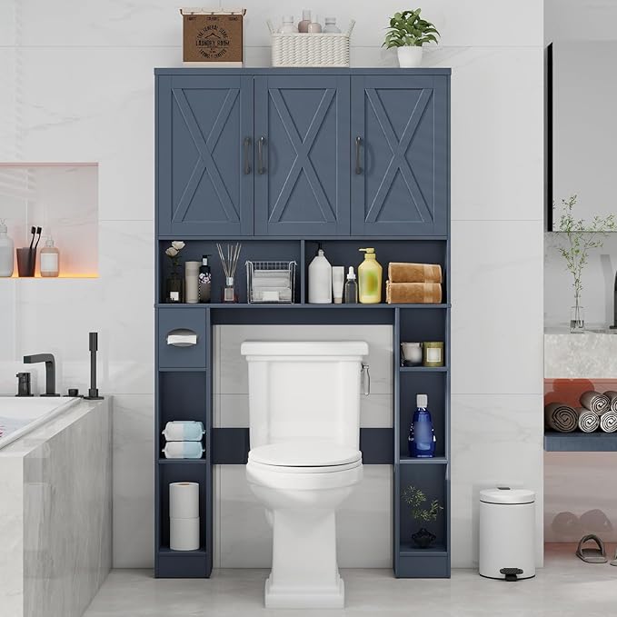 Over The Toilet Storage Cabinet, Farmhouse Toilet Cabinet Rack with 3 Barn Doors, Space Saving Bathroom Organizer with Shelves, Toilet Paper Holder and Towel Rack for Bathroom,Restroom,Laundry,Blue
