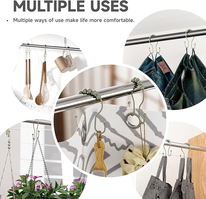 Bathway Sage Green Shower Curtain Hooks Shower Curtain Rings Rust Proof Sturdy Metal Double Shower Curtain Hooks, Shower Hooks for Shower Curtain Bathroom Shower Rod Hooks Hangers