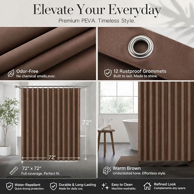 EHZNZIE Brown Shower Curtain Liner 72x72, PEVA Waterproof Bath Curtain, No Chemical Smell, 3 Weighted Magnets, Durable with Rustproof Metal Grommets