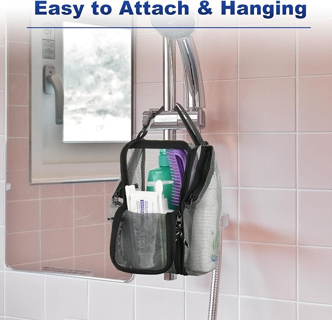 Cosmos Mesh Shower Caddy Toiletry Organizer Hanging Shower Tote Bag, Quick Dry Shower Organizer Portable Bath Bag with Durable Zippers & Side Pockets for Travel Gym Swimming Beach & Camp (Gray)