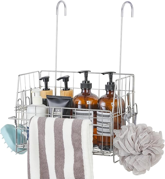 SUTINE Hanging Shower Organizer, Shower Caddy Hanging, Bathroom Storage Rack with Hooks Over the Door, Stainless Steel Rustproof Bathroom Basket Shelf for Bath Faucet or Cross Bar
