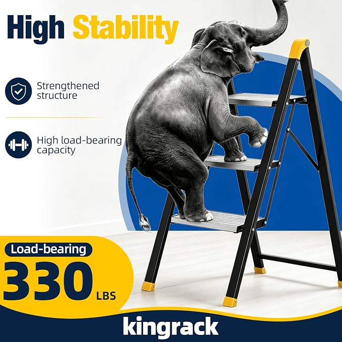 KINGRACK Aluminum Step Ladder, 3 Step Ladder Folding Design, Step Stool Foldable with Safe Grip, Non-Slip Handrails, Safety Lock, Heavy Duty 330LBS for Home, Kitchen, Garage, RV, Black