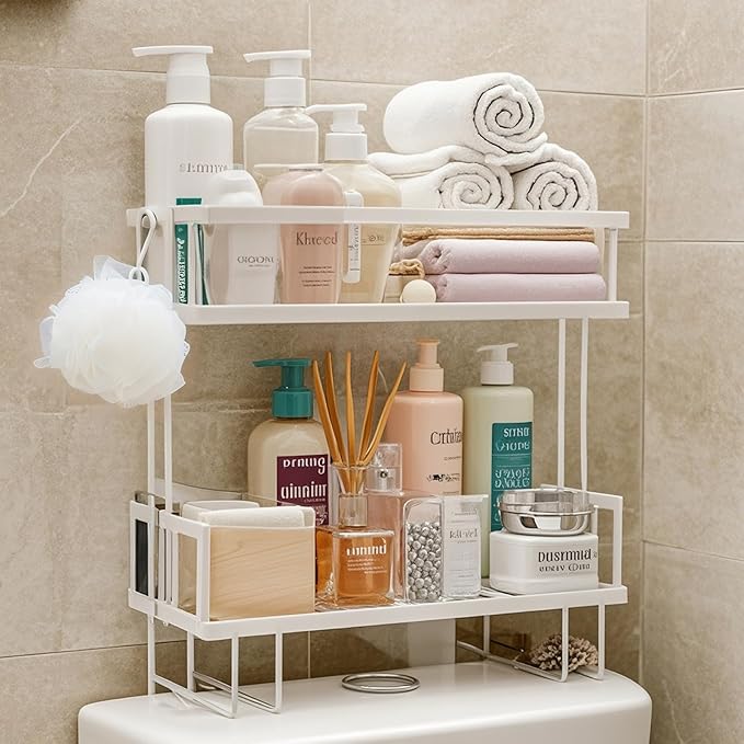 PowerKing Over The Toilet Storage Shelf, 2-Tier Bathroom Organizer Rack with 2 Hooks, No-Drill, Rust-Resistant Steel, Toilet Paper Holder for Restroom Bathroom, White