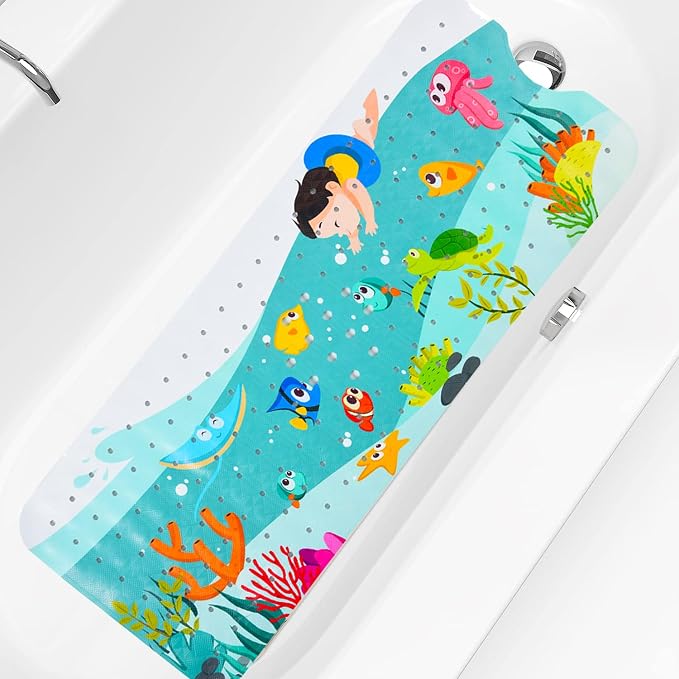 Baby Bath Mat for Tub Non Slip Kids Bathtub Mat Extra Long 40X16 Inch Toddler Bath Tub Shower Mat Anti Slip with Suction Cups & Drain Holes, Machine Washable,Seaworld