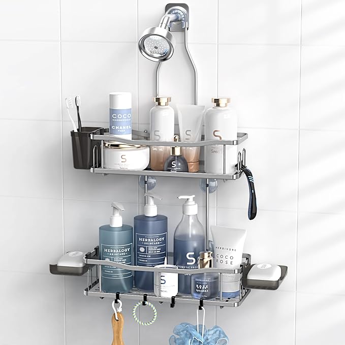 Aitatty Hanging Shower Caddy Bathroom Organizer: Rustproof Shower Shelf Racks Over Shower Head - No Drilling Inside Bath Shower Rack Shelves Over Showerhead for Shampoo with Soap Holder Silver