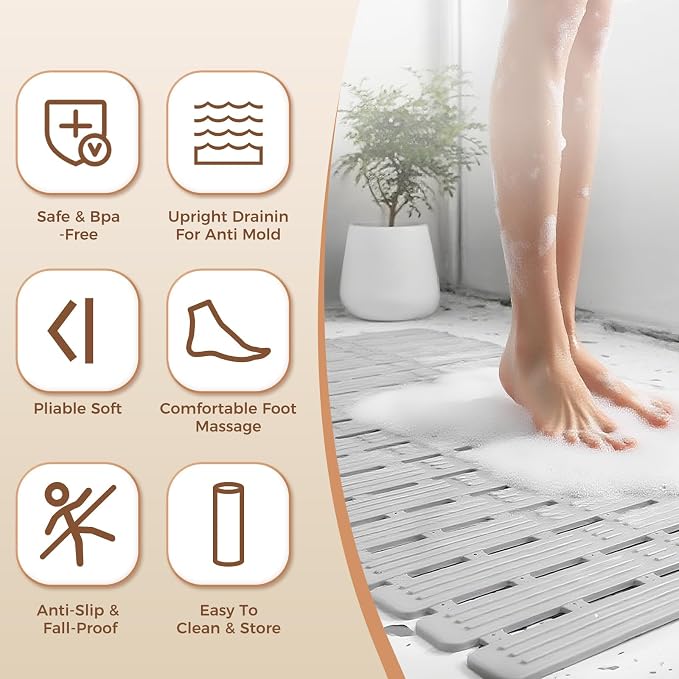 Bathtub Mat Non Slip for Bathroom with Suction Cups and Drain Holes 35.4 * 15.7 Shower Mat for Inside Shower, Quick Dry Bath Mat for Baby Kids Seniors Pregnants Adults, Easy to Cut, Easy Dry